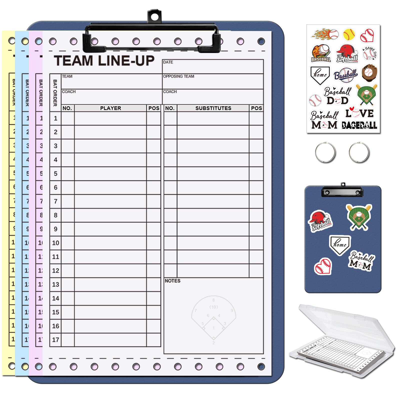 Personalized Baseball & Softball Lineup Cards for 35 Games Softball with 17 Player Roster 4-Part Form Copy with Writing Clipboard Storage Box Personalized Stickers and Loose Leaf Binder Ring