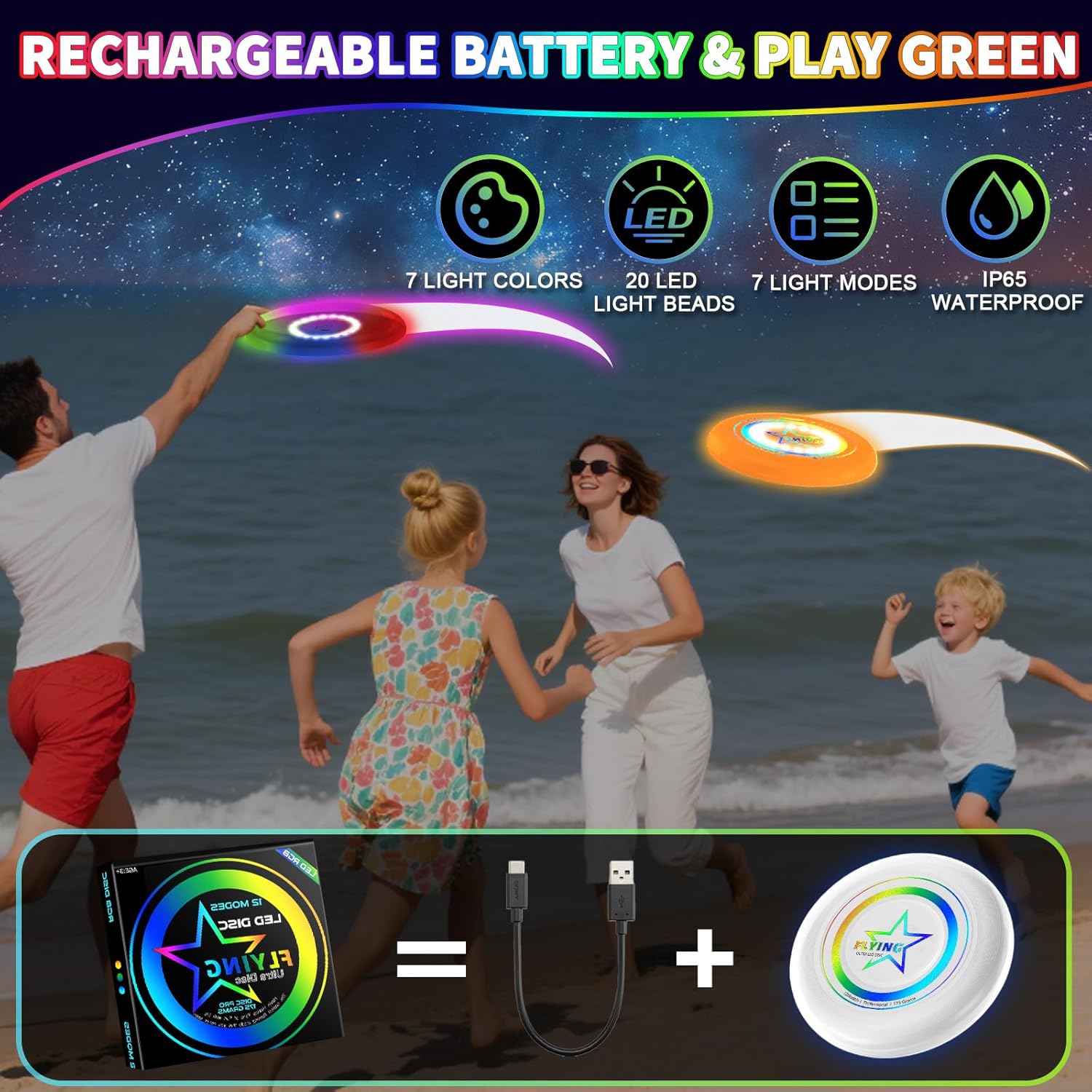 Skiennix LED Light Up Flying Disc | 7 Color Modes | Rechargeable Outdoor Toy for Kids & Adults