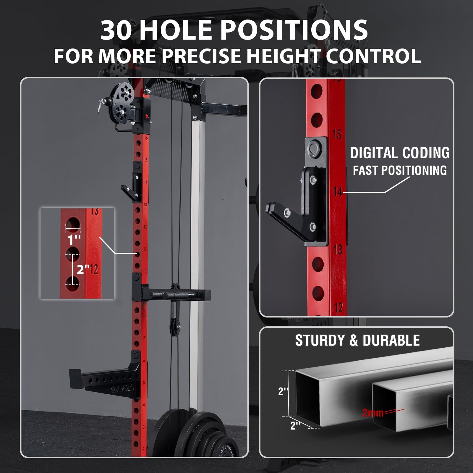 Mikolo Power Cage, 2000LB Power Rack with Independent Dual Pulley System, Multi-Function Home Gym Workout Machine for Cable Crossover (Red)