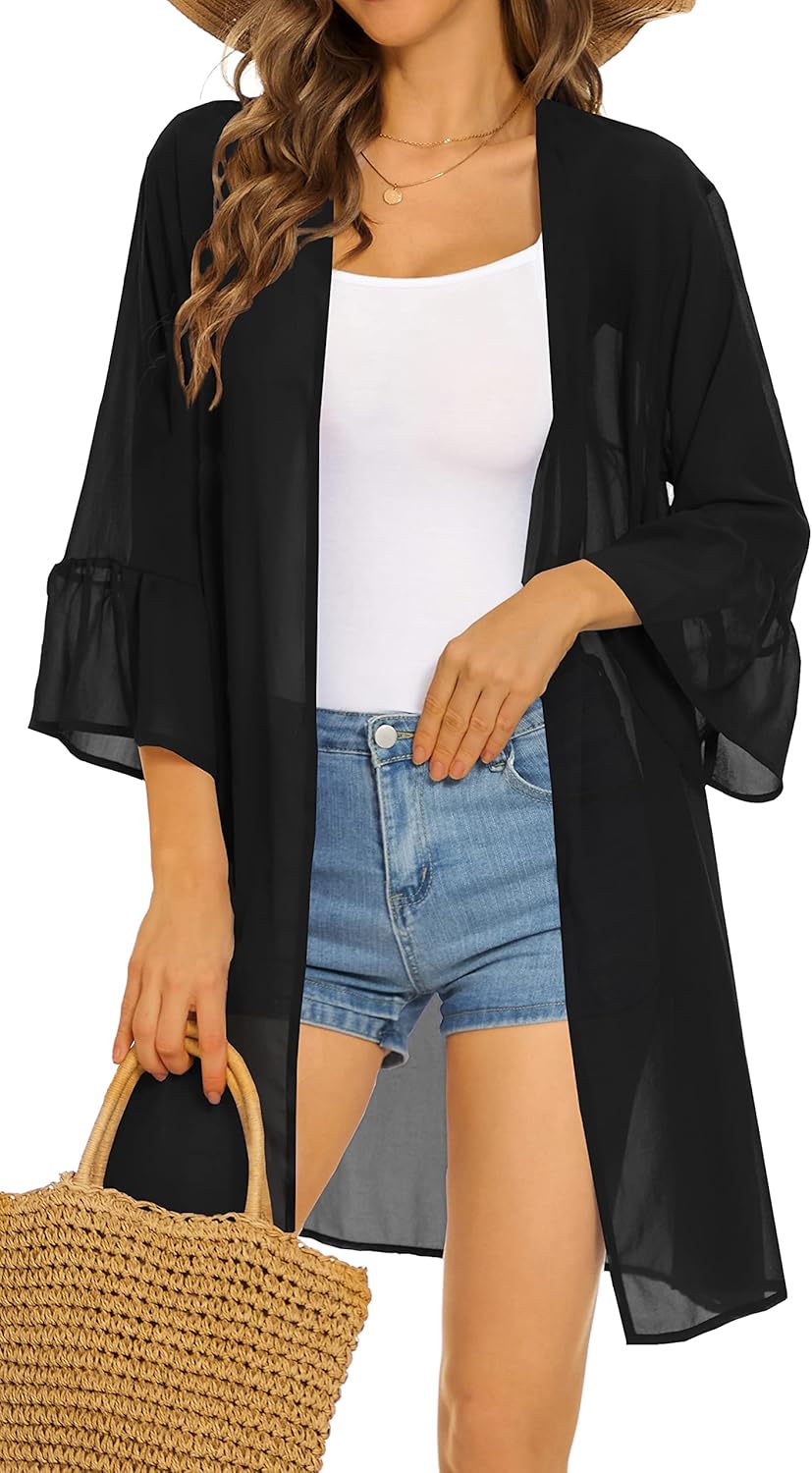 Womens Kimono for Summer Puff Sleeve Cardigan Casual Loose Fit Beach Cover Ups Resorts Swimwear 2026