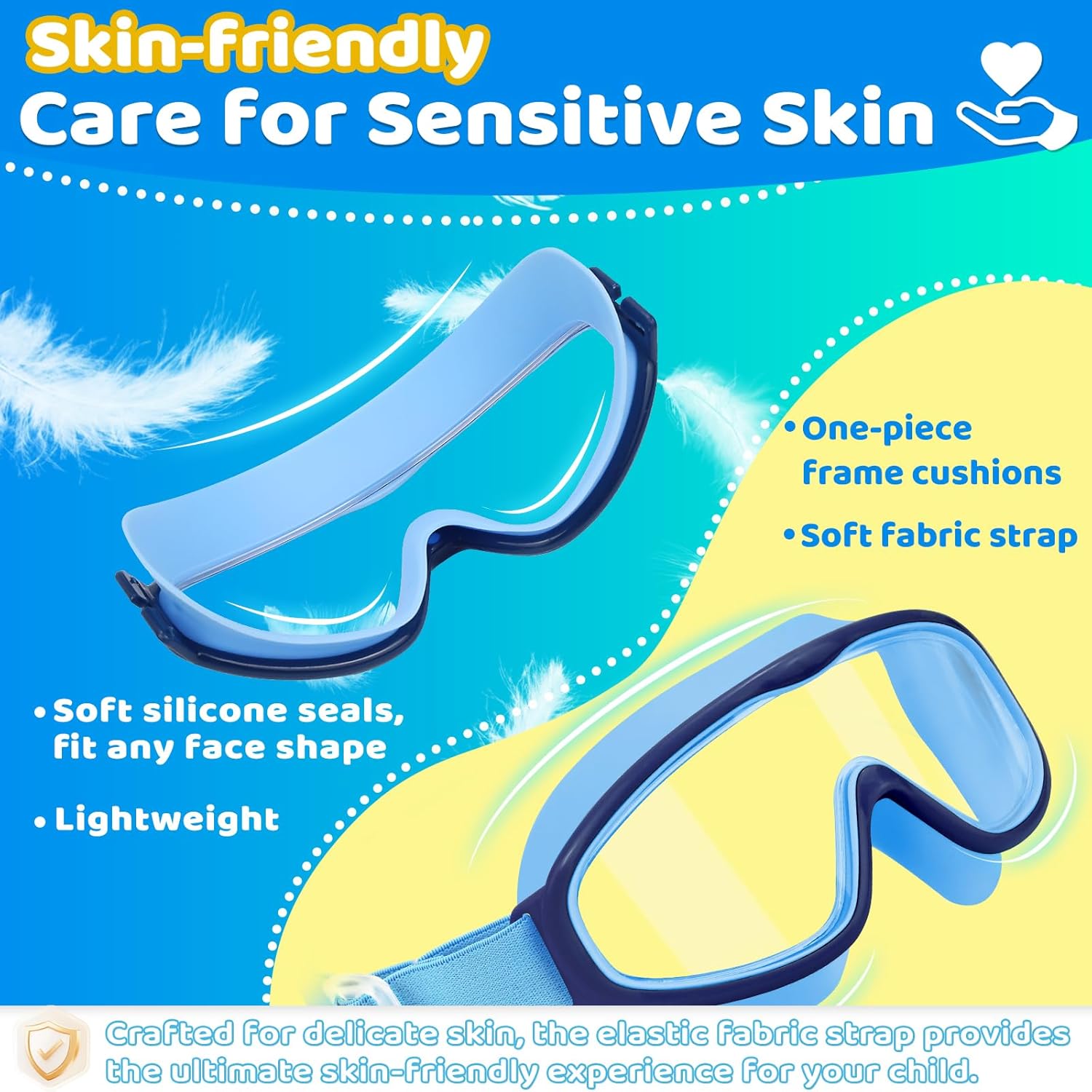 Vvinca Kids Swim Goggles - Comfortable Fabric Strap, Wide View, Anti-Fog & UV Protection for Ages 3-14