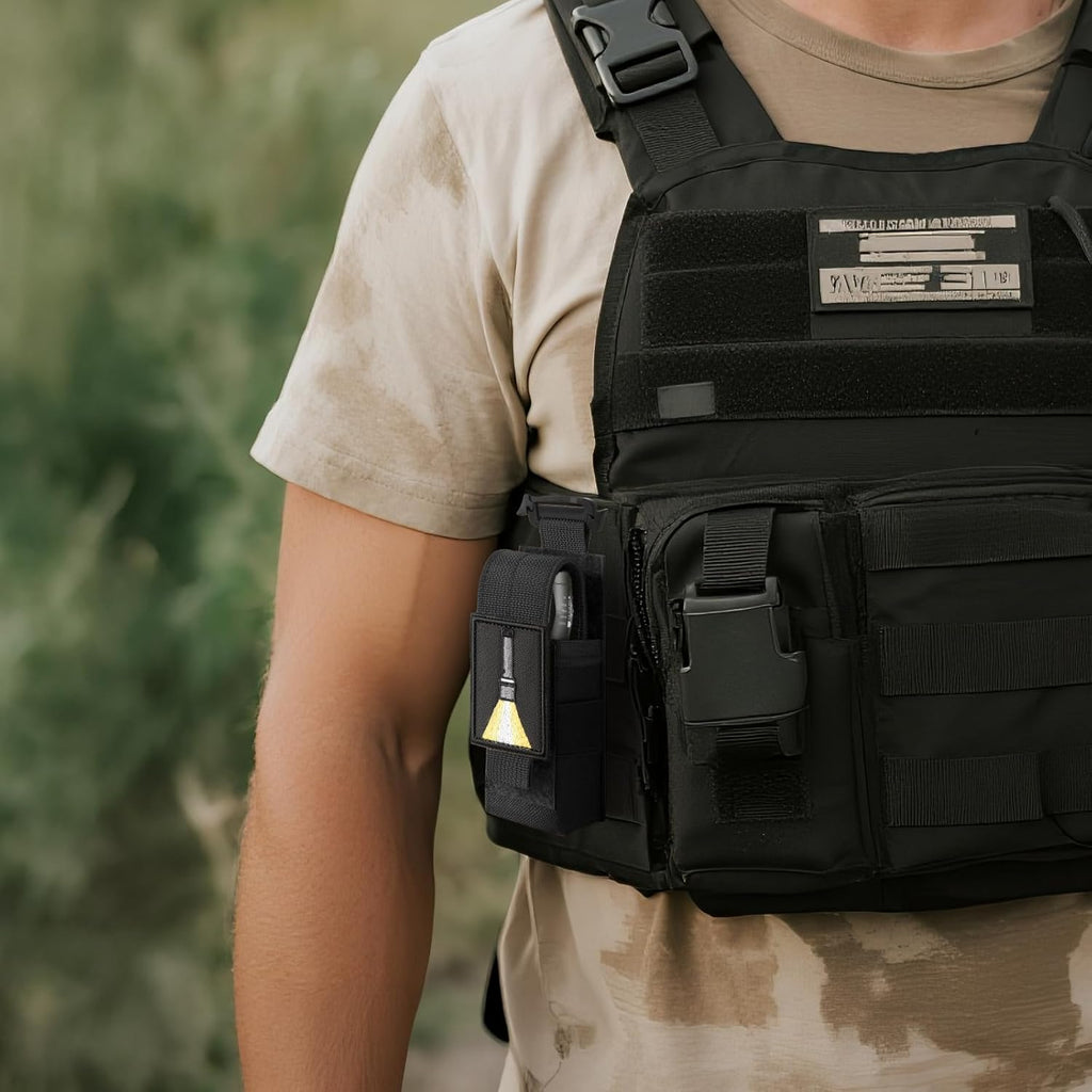 Skiennix Tactical Flashlight Holster - Adjustable Molle Pouch for Duty Belt & Backpack | Includes USA Flag Patch