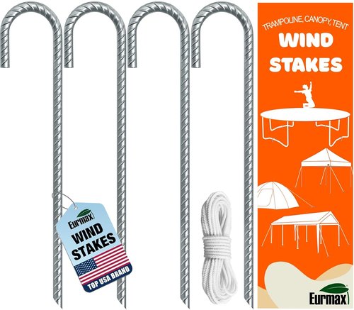 Eurmax USA 12" Windproof Trampoline Stakes - Rust-Proof Galvanized Steel J-Shape Ground Anchors | Secure Tie Down for High Winds, Silver
