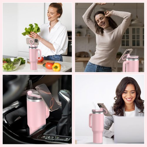 UKEXE Magnetic Phone Holder for Stanley 40oz Quencher H2.0 Tumbler with Handle, Rotatable Water Bottle Phone Stand, MagSafe Compatible, Pink
