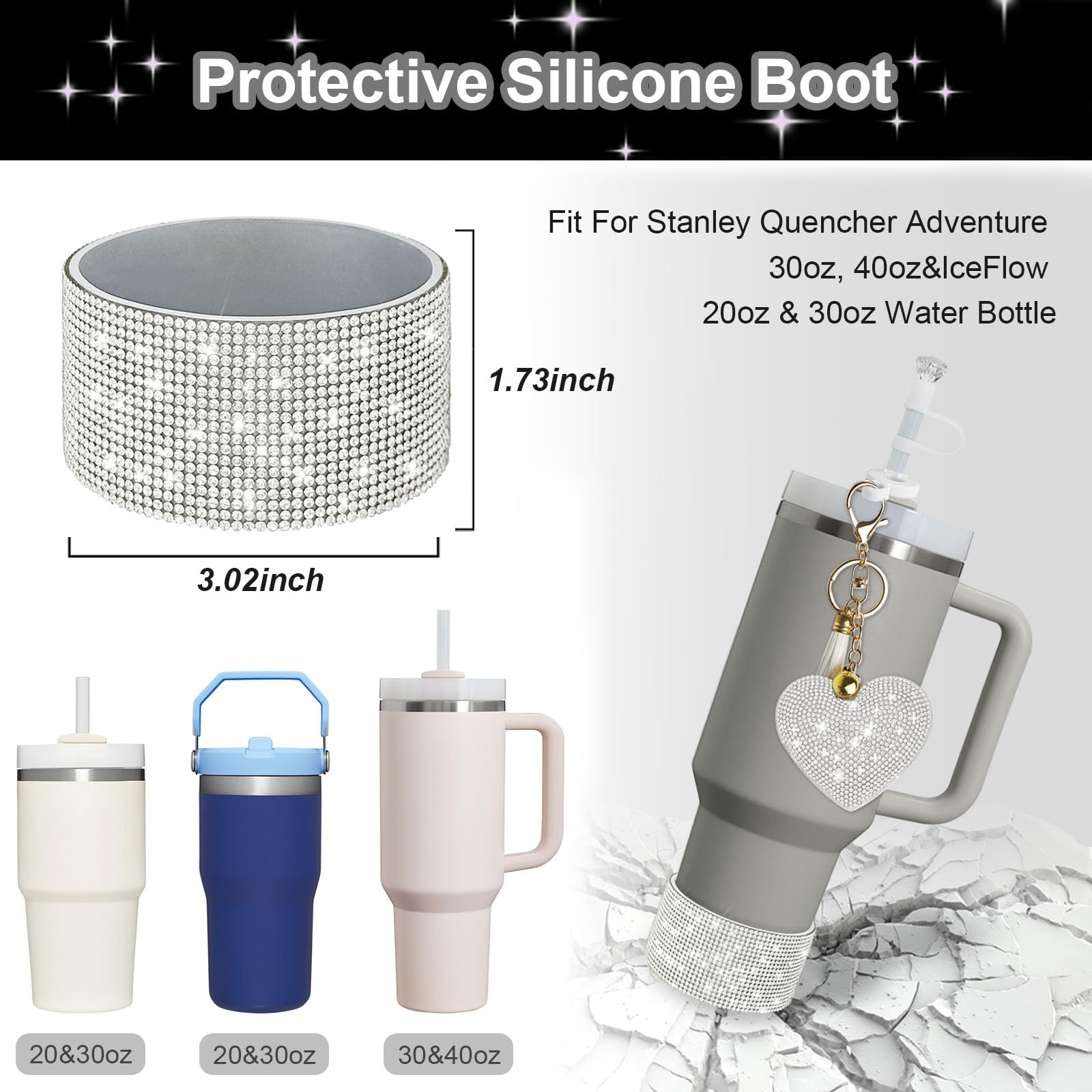 VirgoCCY 5PCS Stanley Cup Accessories Set 30&40 Oz, Includes 1 Diamond Silicone Boot, 1 Glitter Handle Strap, 1 Straw Covers,1 Straw Adapters Charm Blank with 1 Glitter Charms, Silver