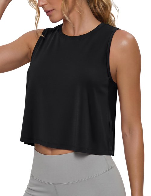 MAGCOMSEN Womens Black Tanks Crop Top Sleeveless Loose Fit Moisture Wicking Running Gym Shirt Athletic Yoga Pickleball M
