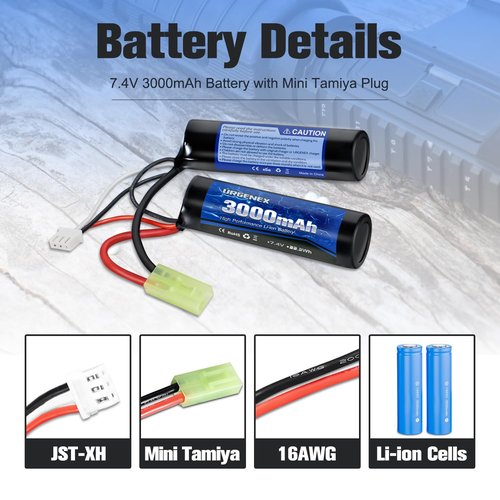 URGENEX 3000mAh Airsoft Battery 7.4V Nunchuck Battery with Mini Tamiya Plug 2S Rechargeable Stick Shape Butterfly Fit for Most Airsoft Model Guns Rifles