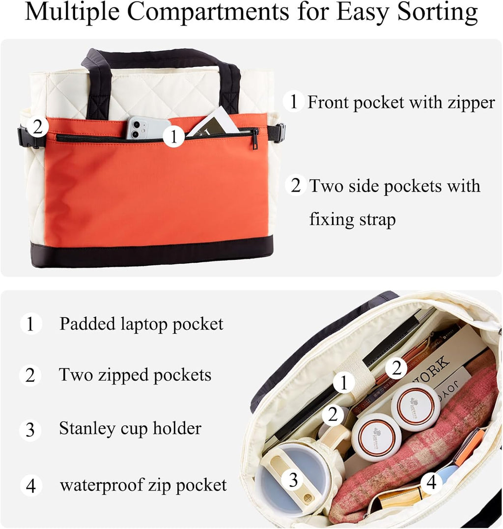 Skiennix Puffer Tote Bag - Stylish Work Bag with Cup Holder & Compartments | Quilted Travel Tote