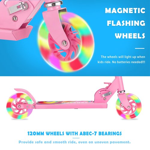 TENBOOM Scooter Toys for Kids Ages 6-12/3-5, Max Load 220 LBS, Foldable Lightweight Kick Scooter with Light Up Wheels, Kickstand, 3 Adjustable Levels, Rear Brake, Pink