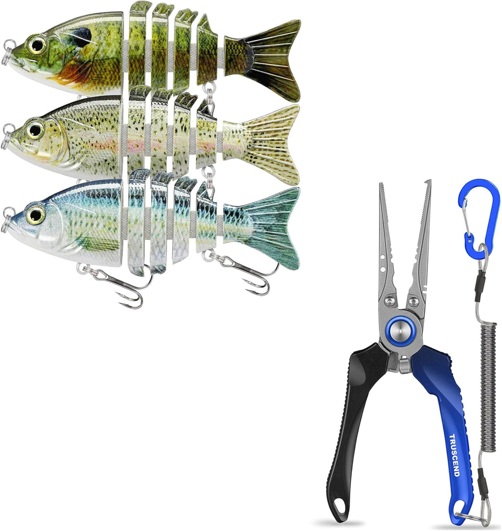 TRUSCEND Fishing Lures - Lifelike Swimbait for Bass, Trout & Walleye | Lockable Fishing Pliers Included