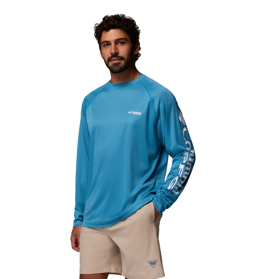 Columbia Men's PFG Terminal Tackle Long Sleeve Fishing Shirt, Blue Echo Heather/White Logo, 2X