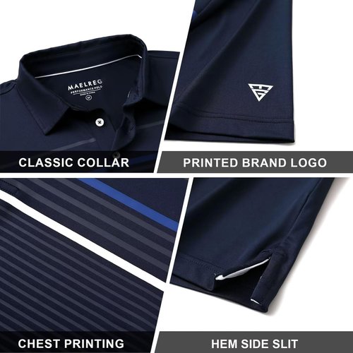 M MAELREG Golf Shirts for Men - Moisture-Wicking Short Sleeve Polo | Casual Striped Print, Regular Fit