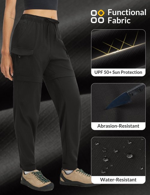 baleaf Women's Hiking Pants 29'' Convertible Zip-Off Pants with 6 Pockets Water Resistant Lightweight Quick Dry UPF 50+ Black M