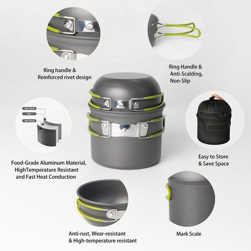 WAILAMHK Camping Cookware Mess Kit, 16 pcs Backpacking Cooking Set, Lightweight Camping Pots and Stove Set for 1-2 Person, Outdoor Cooking Gear Ideal for Camping, Hiking, Backpacking and Picnic