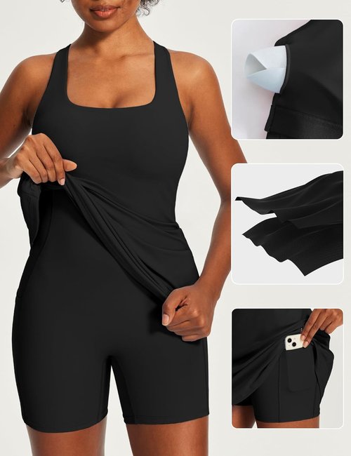 Ewedoos Women's Tennis Dress - Built-In Bras & Shorts | Square Neck Sleeveless Athletic Golf Outfit
