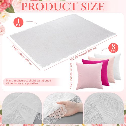 Moukeren 10 Pcs 71''x102'' Extra Large White Outdoor Boho Picnic Blanket with Pink Table Runner 8 Throw Pillow Cover Oversized Washable Portable Beach Blanket for Valentine Picnic Camp Lawn Wedding
