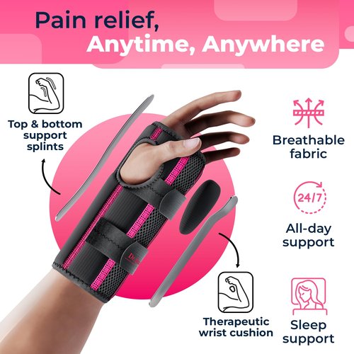DR. BRACE Adjustable Wrist Brace Night Support for Carpal Tunnel, Doctor Developed, Upgraded with Double Splint & Therapeutic Cushion,Hand Brace for Pain Relief,Injuries,Sprains (S/M Right Hand, Black-Pink)