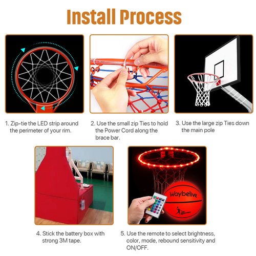 Waybelive 2Pcs LED Light Up Basketball Set, LED Basketball&Basketball Hoop Lights, Control LED Basketball Rim Light,16 Color Change by Yourself, Waterproof, Super Bright to Play at Night Outdoors