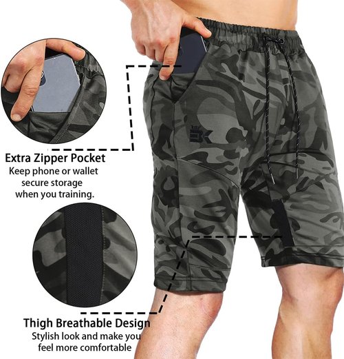 BROKIG Men's Athletic Workout Shorts - Slim Fit Mesh Design with Zipper Pockets for Gym & Running