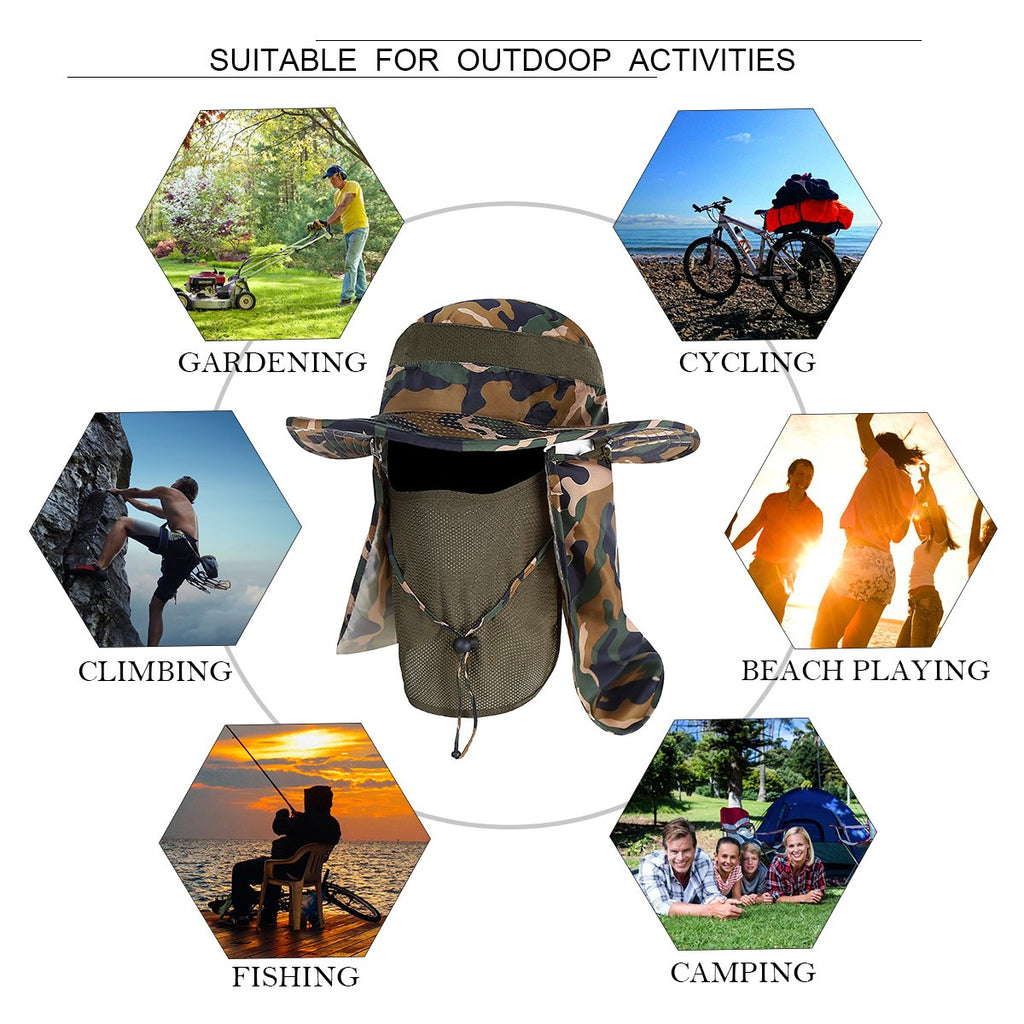YR.Lover Outdoor UV Sun Protection Wide Brim Fishing Cap with Removable Flap Camouflage