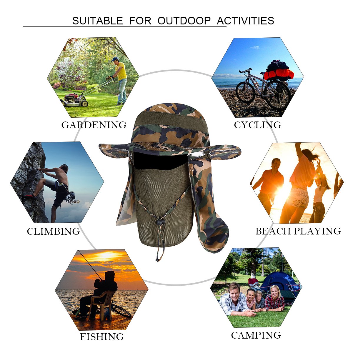 YR.Lover Outdoor UV Sun Protection Wide Brim Fishing Cap with Removable Flap Camouflage