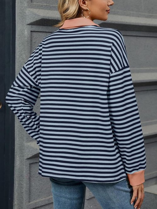 DMOYALA Striped Sweatshirt - Trendy Oversized Long Sleeve Polo V-Neck Top for Women | Fall Fashion
