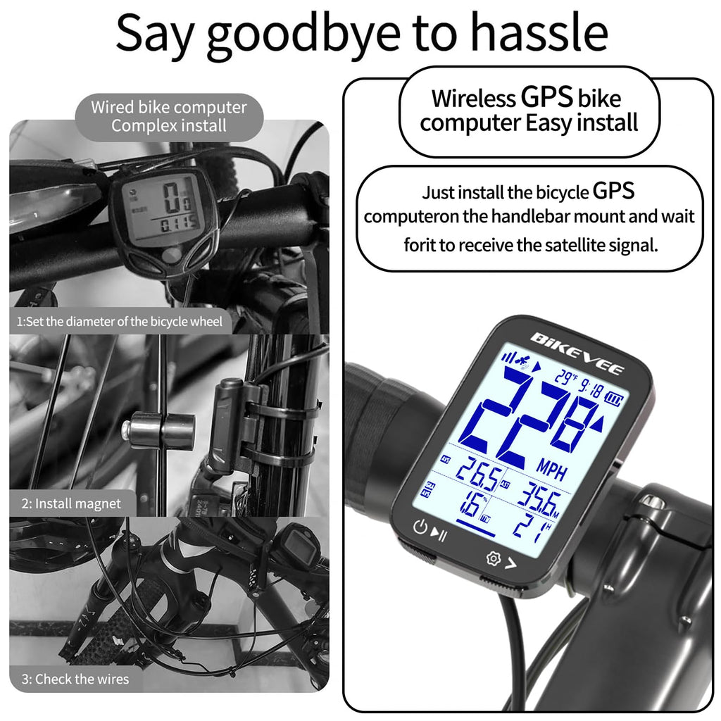 Bikevee GPS Bike Computer Wireless Cycling Computer with Auto Backlight, Waterproof Bicycle Speedometer Odometer for Road Mountain Bikes - Balck