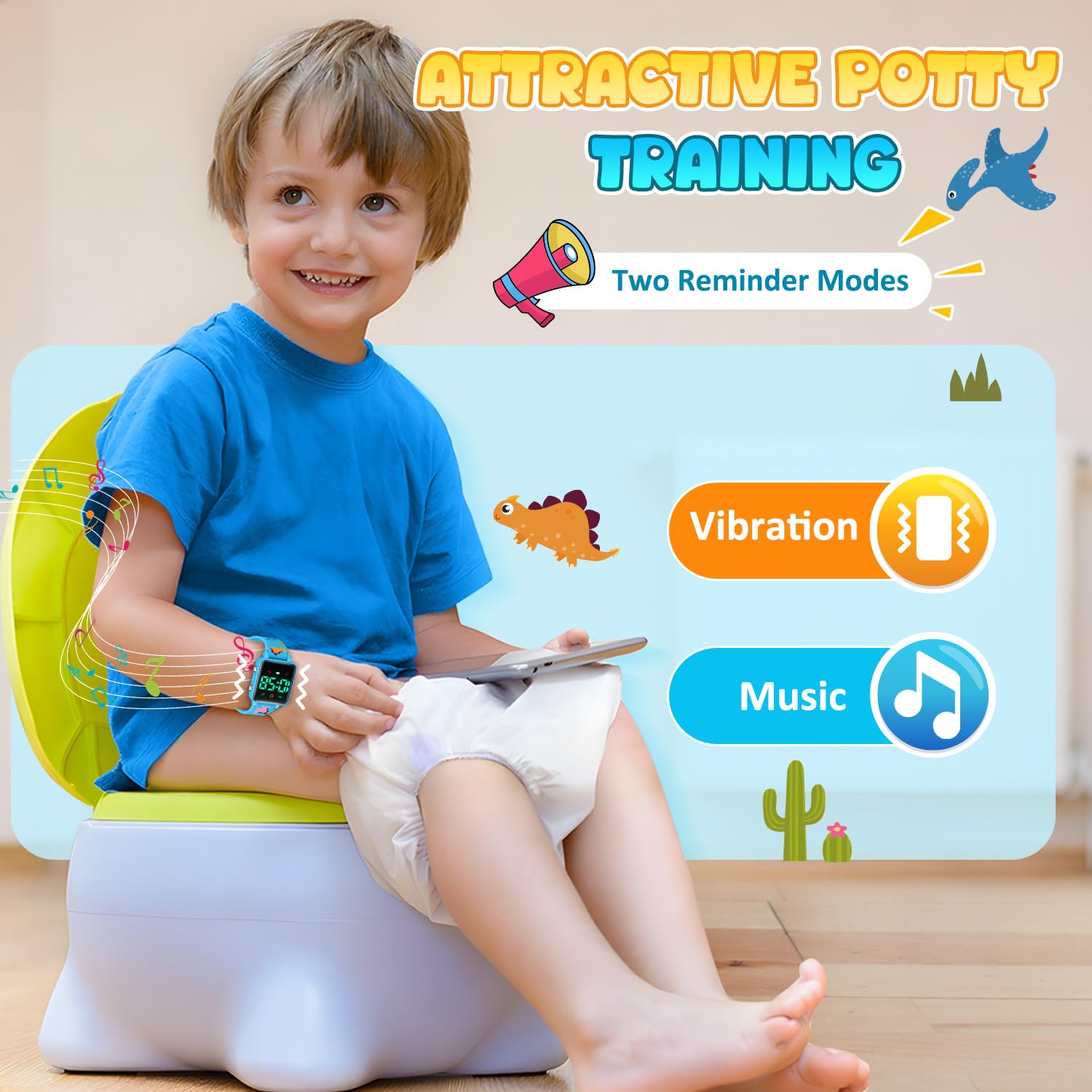 Timever Potty Training Watch for Kids 2-9, Upgraded Magnetic Charging Reminder Toddler Watch with Music/Vibration/Colorful Lights Countdown, Cute Silicone Strap Waterproof Digital Watch for Boys Girls