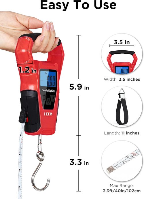 HEETA Waterproof Fish Scale - Digital LCD Display, 110lb Capacity, Portable Fishing Scale with Tape & Batteries Included