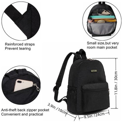 AOTIAN Mini Lightweight 11.8 Inch Backpack Durable Travel Hiking Women and Girls Small Daypack, 7 Liters Black