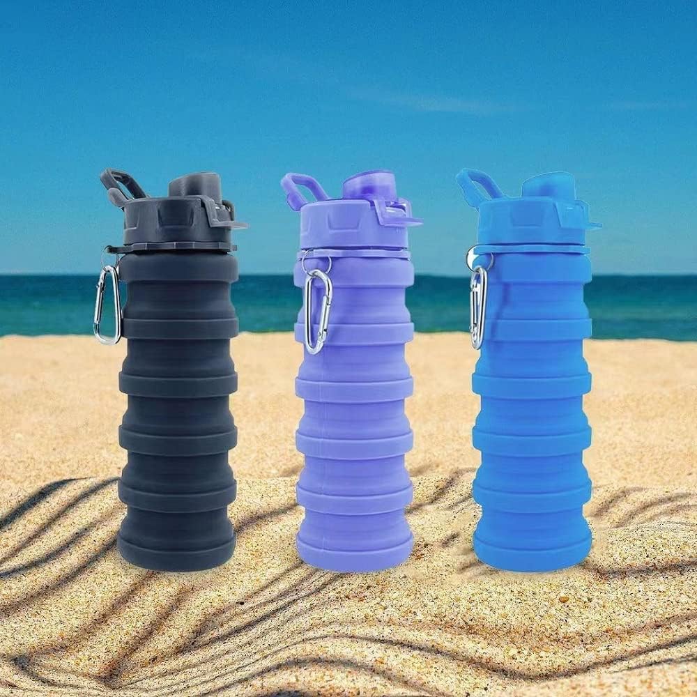 Skiennix Collapsible Water Bottles - 2 Pack Silicone Design with Carabiner | 500ml Portable Sport Bottles (Black & Blue)