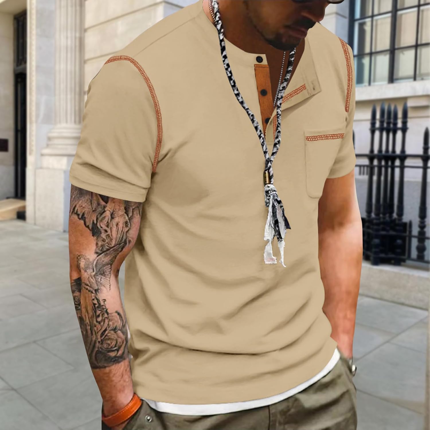 Skiennix Men's Lightweight Short Sleeve Henley Polo Shirt - 1/4 Button Down with Chest Pocket