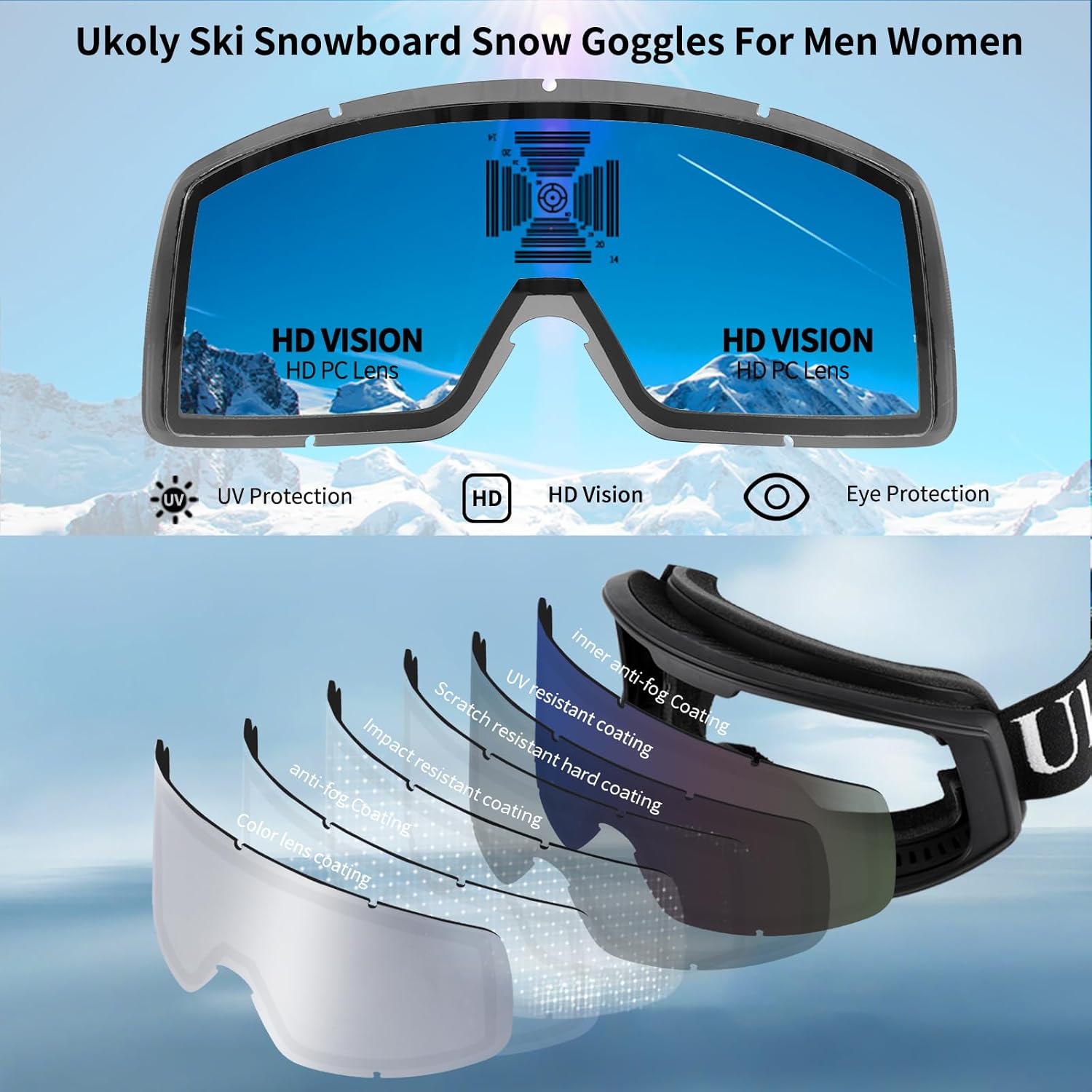 Ukoly Ski & Snowboard Goggles - HD Anti-Fog Lens, OTG Design, UV400 Protection | Windproof for Men & Women