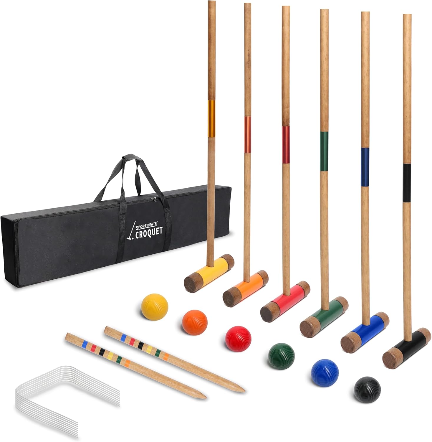 Sport Beats Croquet Set - Six Player Rubberwood Mallets, 32 Inch, Carry Case & Accessories for Outdoor Fun