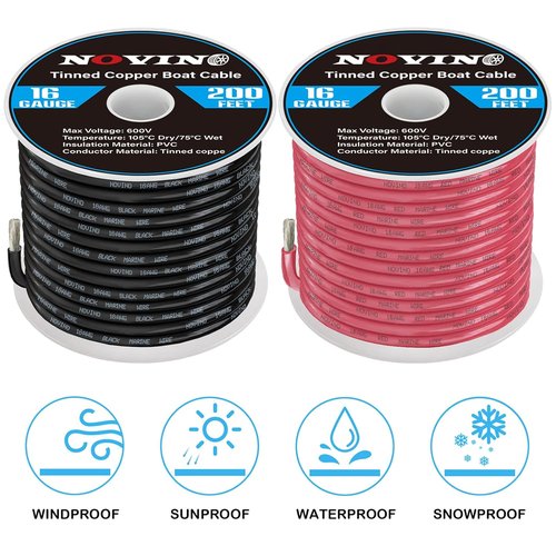 16 Gauge Marine Wire - Tinned Copper Electrical Cable for Automotive & Marine Use | 200FT Red & 200FT Black