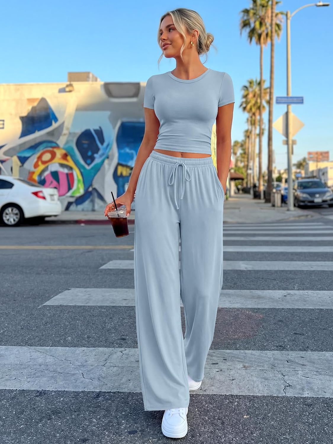 Trendy Queen 2 Piece Matching Summer Sweatsuit Lounge Set Womens Wide Leg Pants Side Ruching Crop Top Sets