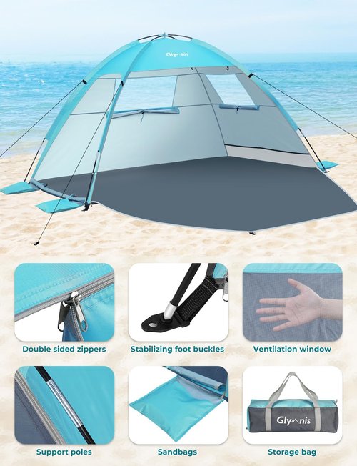 Glymnis Beach Tent Sun Shelter for 3 Person with UPF 50+ UV Protection, Lightweight & Easy Setup Beach Shade Canopy with Vent Windows & Zippered Door - Blue