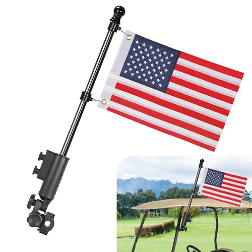 Golf Cart Flag Pole with Flag Holder Mount Kit,Fit for Yamaha,Club Car,EZGO Golf Cart,Golf Push Cart,Boat,Bike,Heavy Duty Aluminium Alloy Base Windproof Black Mounting Bracket Included USA Flag