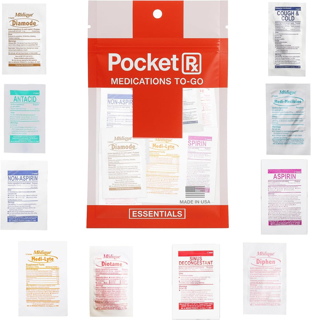 Pocket RX Mini Travel Medicine Kit - TSA-Approved First Aid Pouch with 10 Essential OTC Medications - Compact & USA Made (17 Tablets)