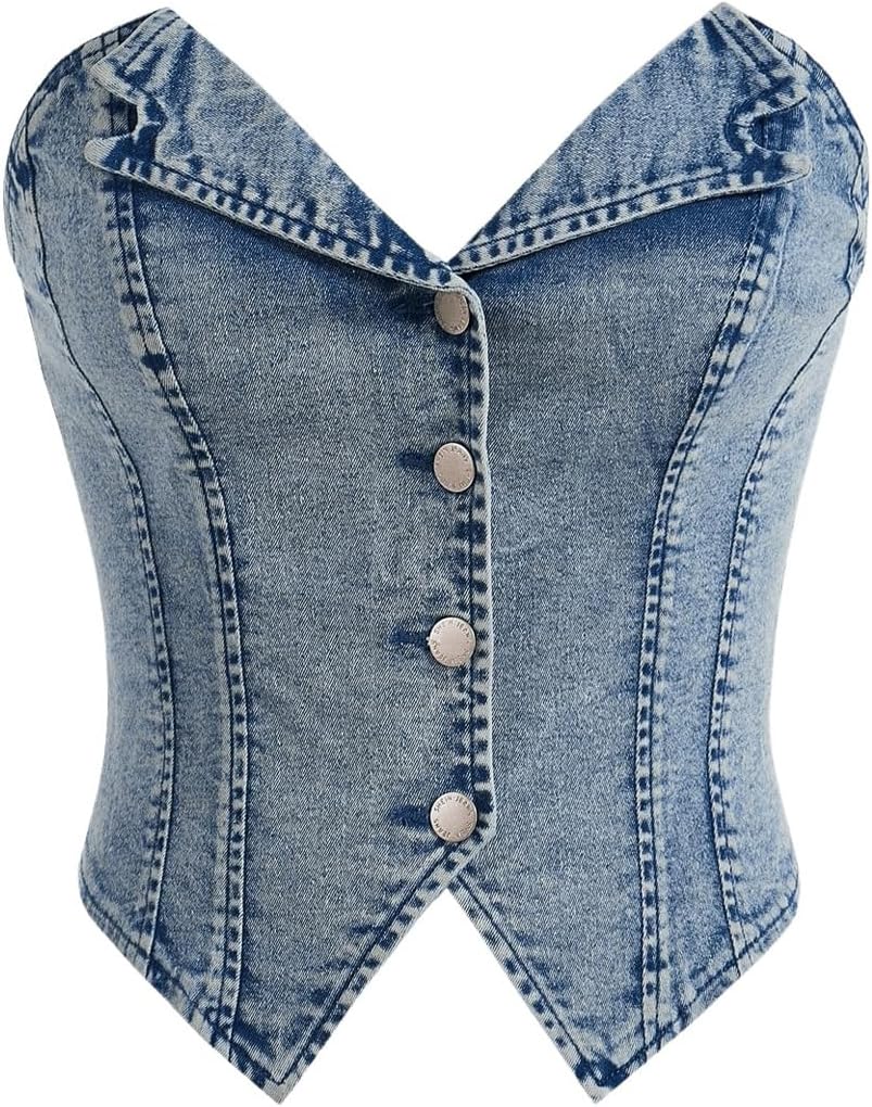 WDIRARA Women's Denim Tube Top - Y2K Asymmetrical Sleeveless Bandeau Crop Top in Stylish Design