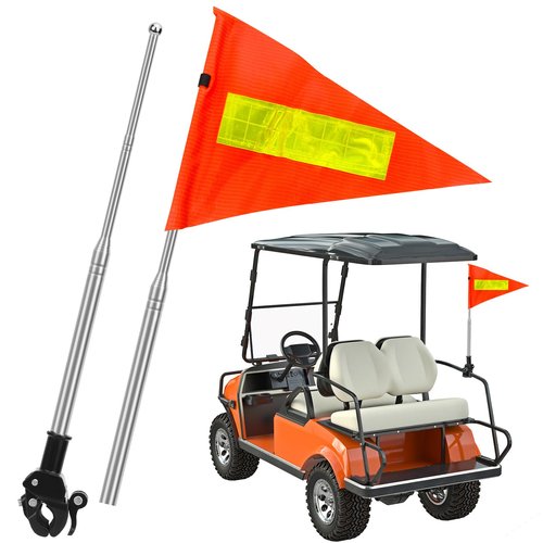 Golf Cart Flag Pole, Retractable Bike Flags With Pole For Safety, High Visibility Double-Sided Reflective Bicycle Flag (Telescopic 28-160cm)
