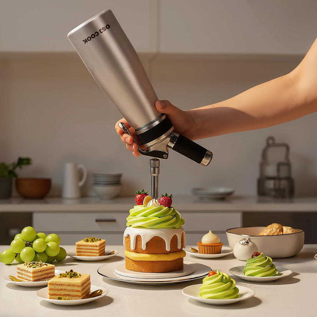 Skiennix Professional Aluminum Whipped Cream Dispenser - Leak-Free 500 mL Canister with 8 Nozzles & Brush | Silver