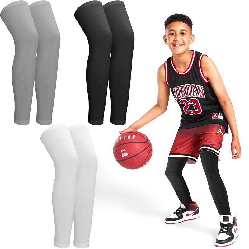 3 Pairs Kids Compression Leg Sleeves with Non Slip Grip - Full Length UV Protection (Variation: Large)