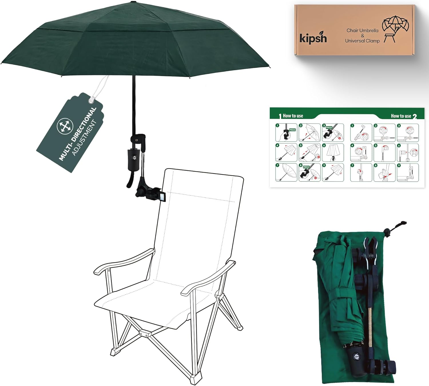 Universal Adjustable Clamp Beach Chair Umbrella by [Brand Name] - Lightweight Portable Sunshade for Stroller, Pool, Camp, Bleachers (Dark Green)