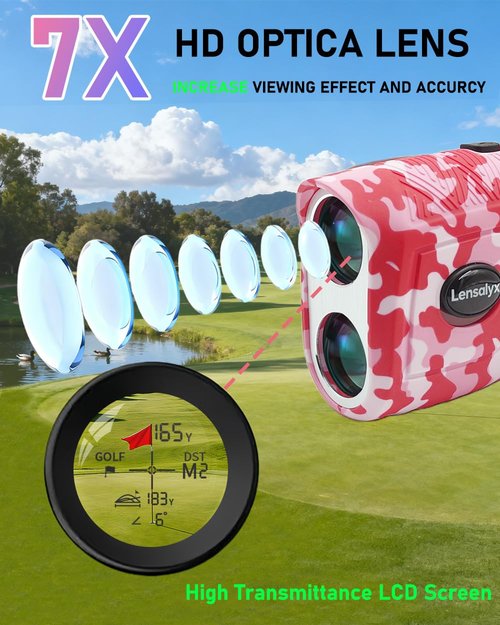 Lensalyx Pink Range Finder Golf - 1200 Yards Golf Rangefinder with Slope, 7X Magnification, Rechargeable, Built-in Magnetic Strip,0.1s Flag Pole Locking Vibration,Golf Accessories for Women