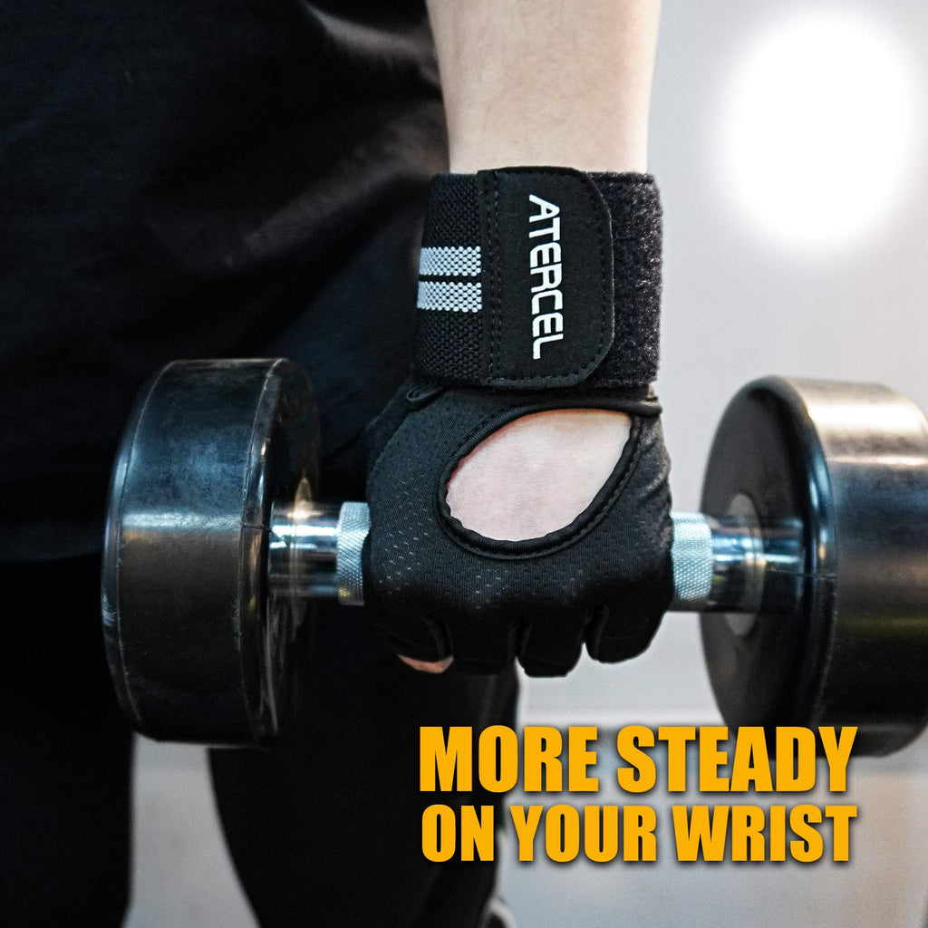 ATERCEL Weight Lifting Gloves Breathable Workout Gloves with Wrist Support for Gym, Exercise, Pull Ups, Super Lightweight for Men and Women, Full Palm Protection, Black, L