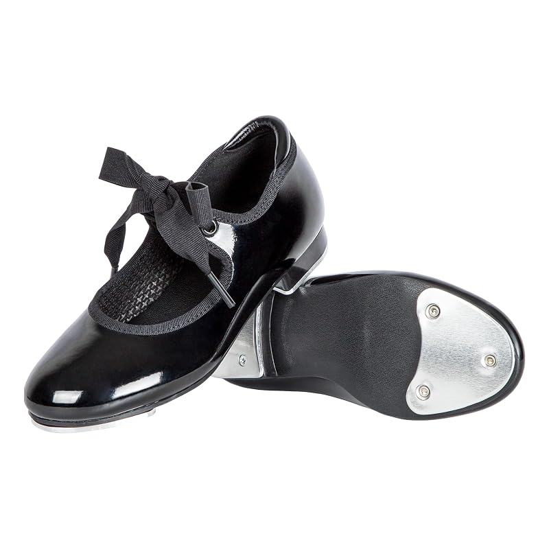 Linodes Economy Unisex Tap Shoes for Kids - Lace Up Flat Sole, Black Patent, 12 Little Kid