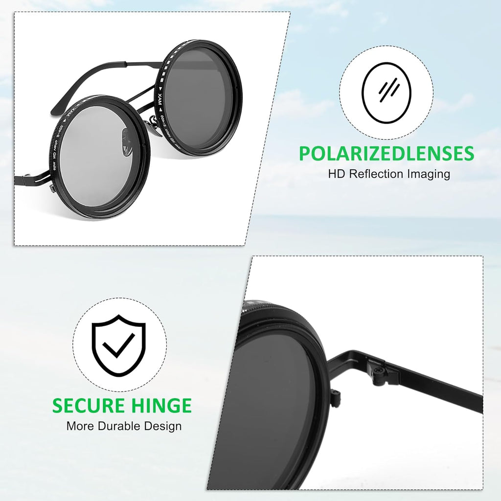 Skiennix Adjustable Tint Sunglasses - Polarized Round Glasses with Manual Tint Control & ND Filter