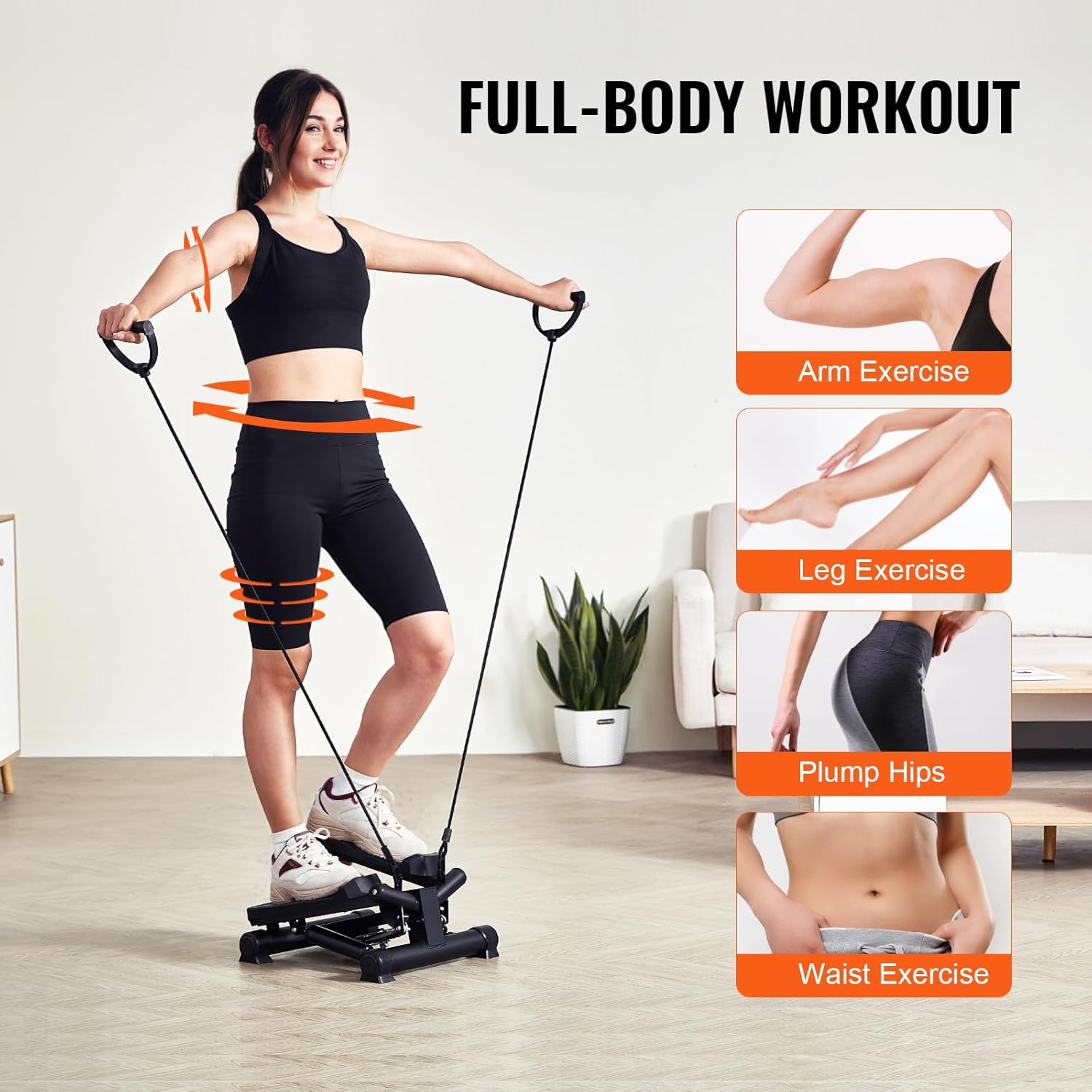 VEVOR Mini Stepper - Hydraulic Fitness Equipment with Resistance Bands for Full Body Cardio Workout