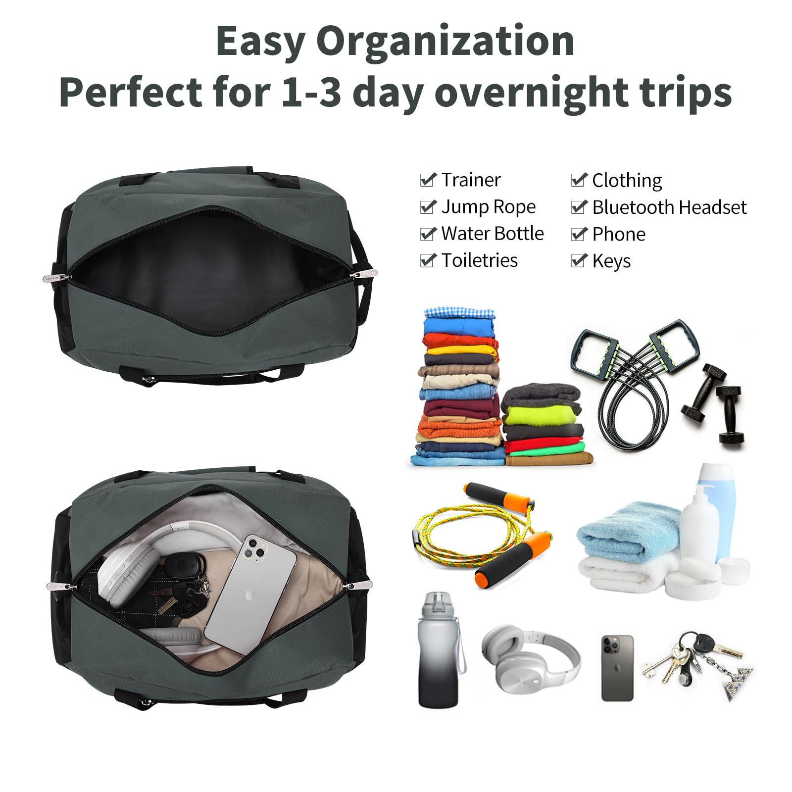 Apenze Small Gym Bag 18 inch Carry On Duffel Bag for Weekender Travel - Dark Grey